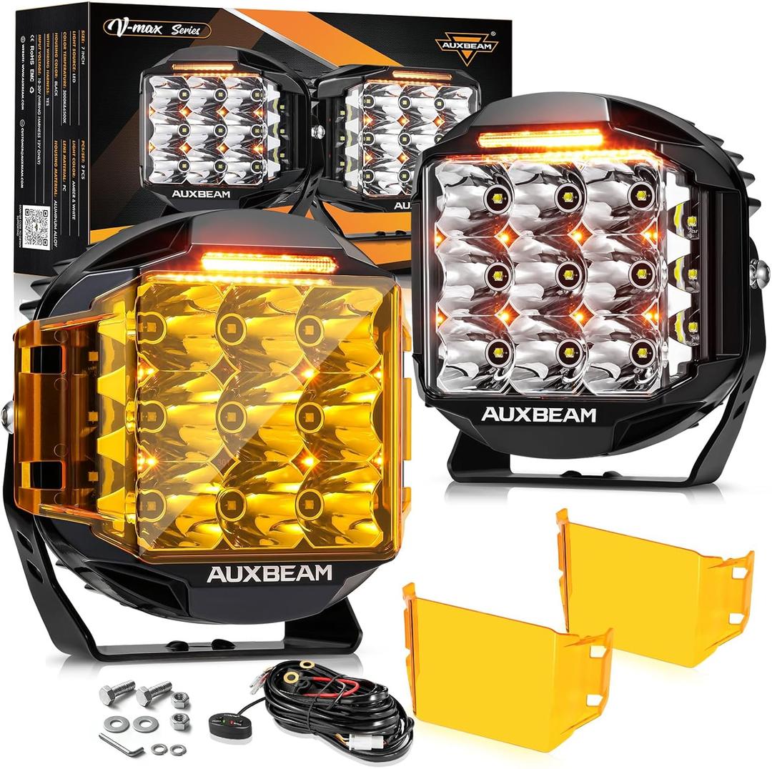 Auxbeam 7inch 228W Round LED Offroad Light Pod, V-MAX Series 26100LM Side Shooter LED Offroad Driving Lights with Amber DRL, 270 Beam Auxiliary Ditch Light for Truck ATV Jeep Ford