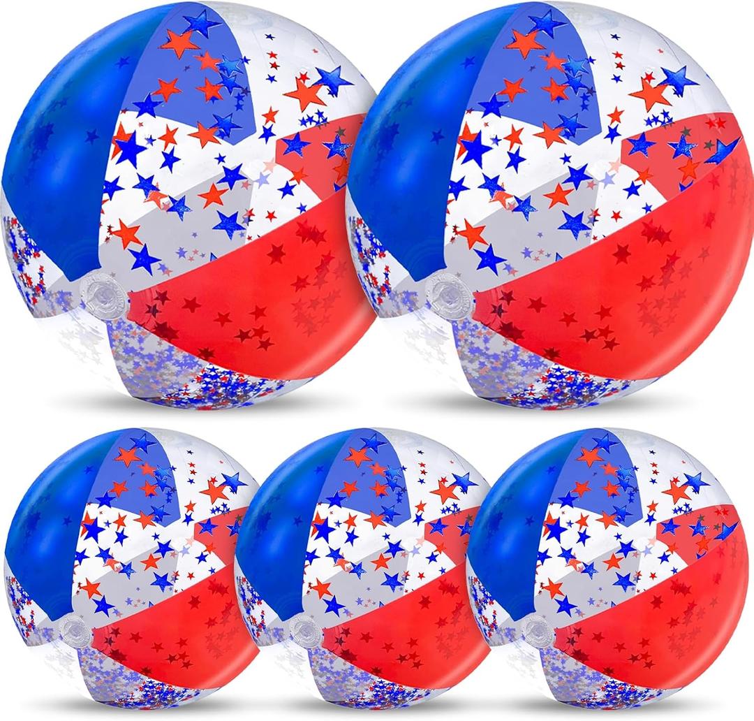 5 Pack 24 Inch & 16 Inch Patriotic Beach Balls, 4th of July Sequins Confetti Red White and Blue Large Beach Ball for Kids Adults 250th Anniversary USA Memorial Day Summer Pool Party Decorations Toys