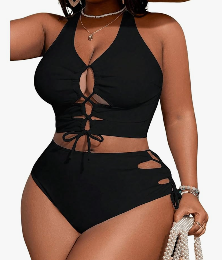 SOLY HUX Women's Plus Size Bikini Set Sexy Swimsuit Lace Up Tummy Control 2 Piece Bathing Suit 1XL
