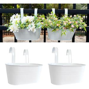 10" Hanging Flower Pots, Pack of 2 White Metal Outdoor Patio Balcony Planter, Railing Planters Fence Pot with Detachable Hook & Drainage Hole for Small Plants (White, 2Pcs)