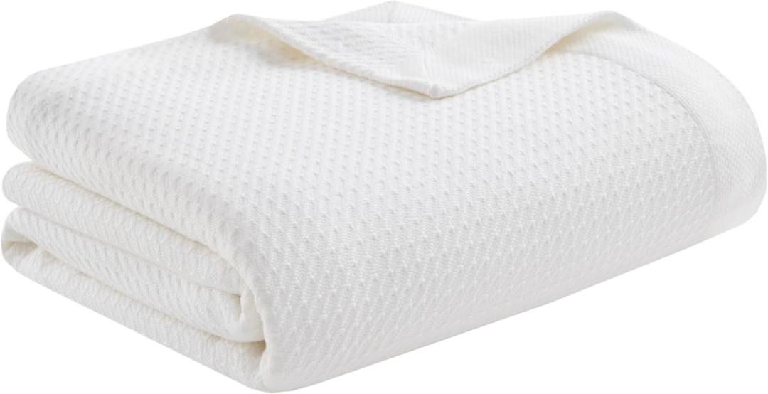 Madison Park 100% Egyptian Cotton Lightweight Summer Blanket, Breathable Waffle Knit Design, Soft Cozy All-Season Throw for Bed, Couch or Sofa, White Full/Queen Size (90"x90")