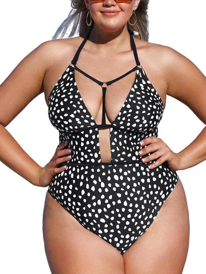 CUPSHE Plus Size Swimsuit for Women One Piece Bathing Suit Halter Cutout Strappy Irregular Dots Print, 3XL