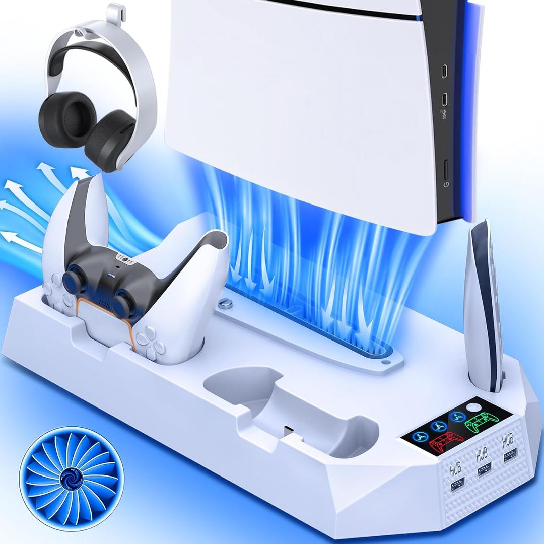 PS5/Slim/Pro Cooling Station with Controller Charging Station for Playstation 5 Slim/Pro Console, PS5 Cooling Stand Cooler Accessories Incl Cooling Fan, 3 USB Hubs, Headset Holder, Screw - White