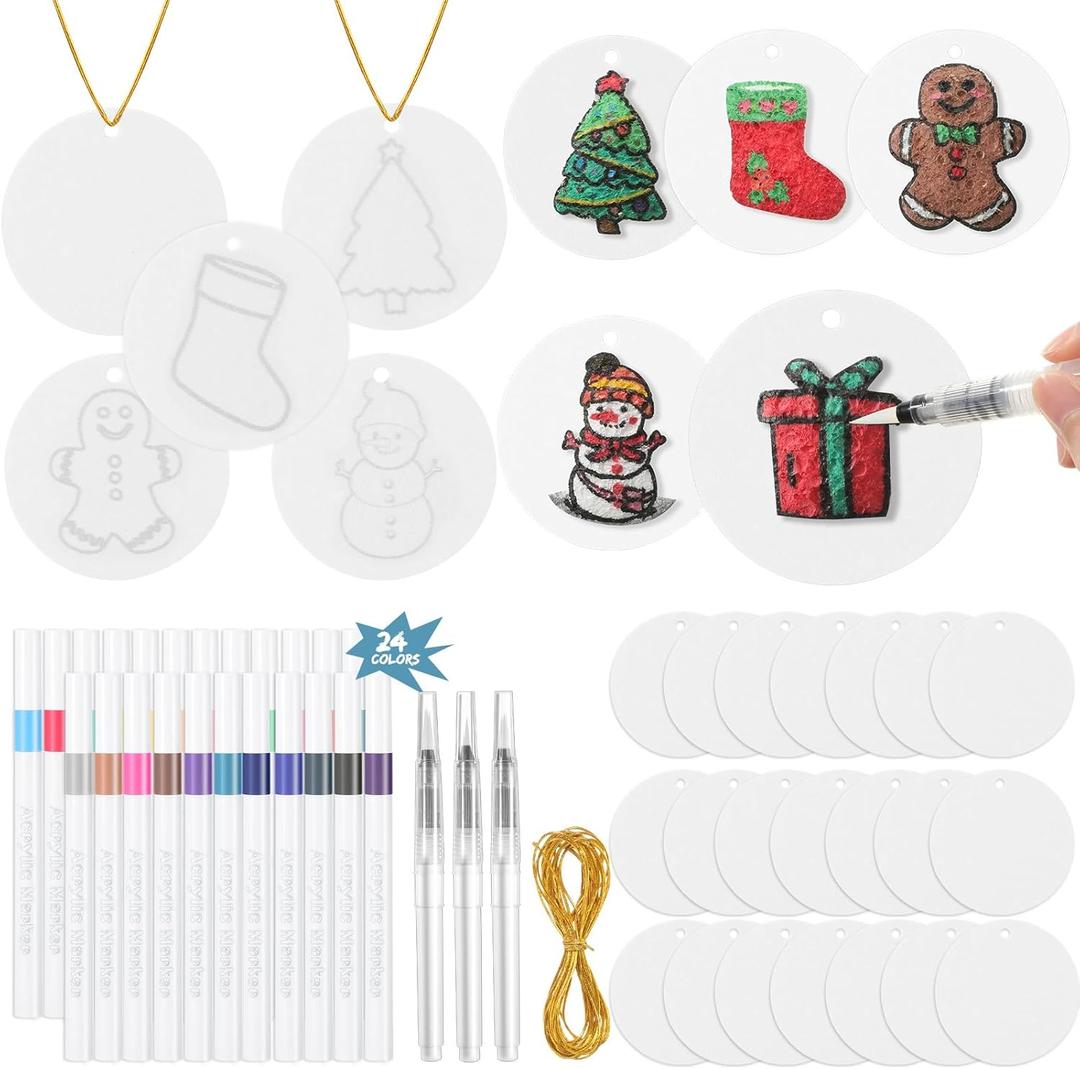 AmazingSpark 64 Pcs Christmas Magic Foam Texture Painting Kit, 36 Pcs Foam Texture Paper Christmas Crafts, 24 Colors Markers Paint 3D Effect DIY Blank Xmas Hanging Ornaments for Gifts