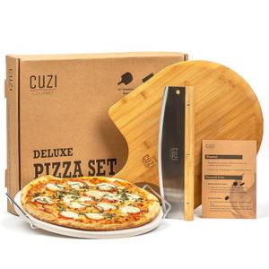 Cuzi Gourmet 4-Piece Large Pizza Stone Set - 13" Thermal Shock Resistant Cordierite Pizza Stone with Handle Rack, 19" Natural Bamboo Pizza Peel & Pizza Cutter - Large Baking Stone for Grill and Oven