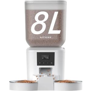 Automatic Cat Feeder for 2 Cats - 8L/34 Cups Large Capacity Auto Food Dispenser with LCD Screen, 2 Food Trays, Timed Cat Feeder, Up to 50 Portions 6 Meals Per Day, Keep Fresh, White