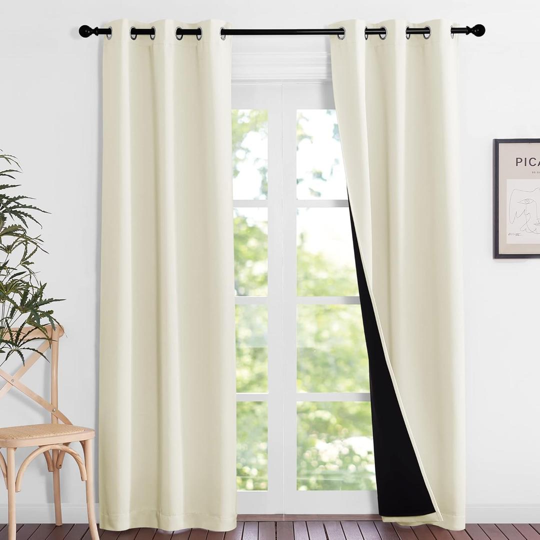 2 x NICETOWN Living Room Completely Shaded Draperies, Privacy Protection & Noise Reducing Ring Top Drapes, Black Lined Insulated Window Treatment Blackout Curtain Panels (Beige, 2 Pieces, W37 x L84)