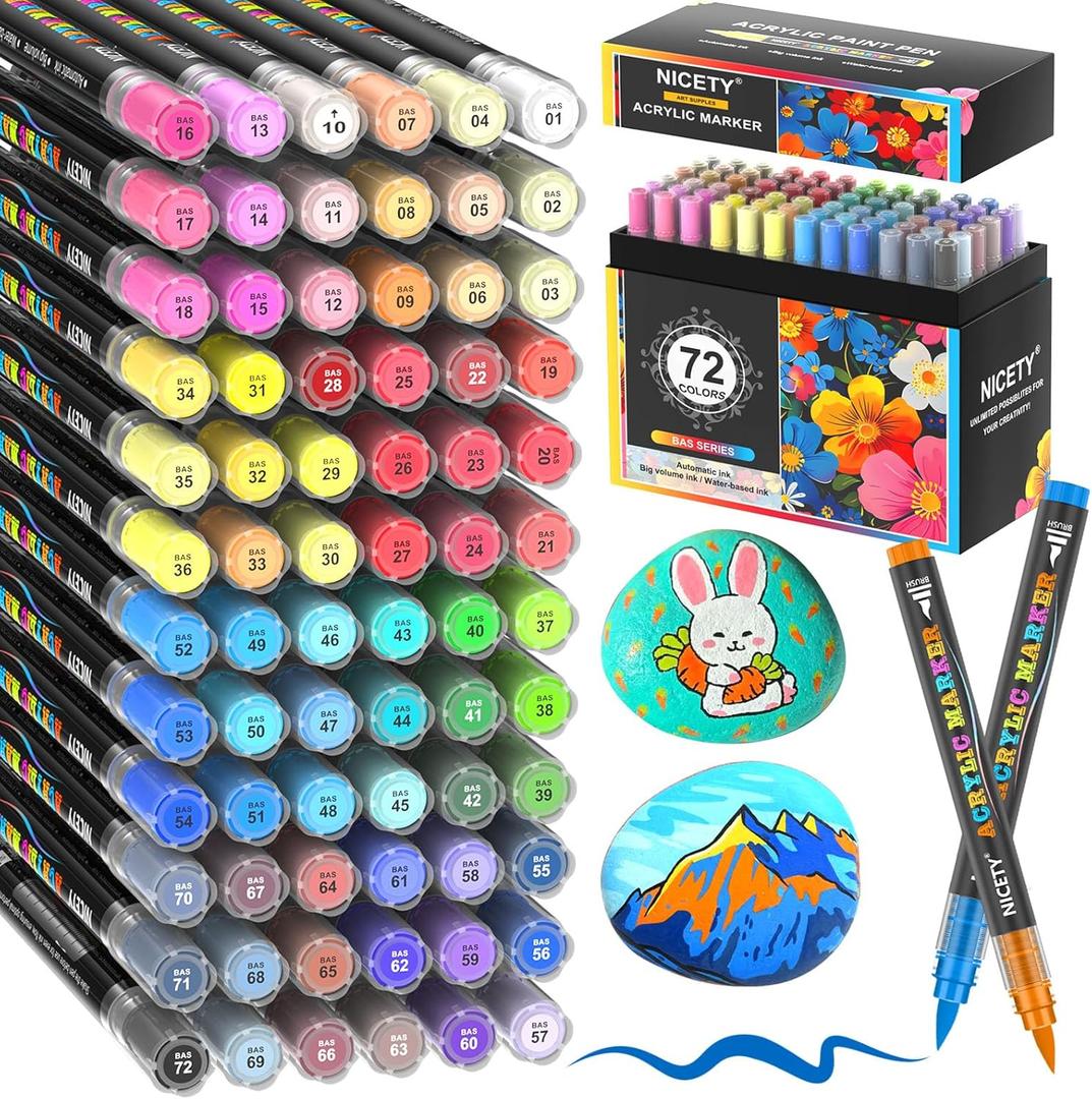NICETY 72 Colors Acrylic Paint Markers  Water-Based Acrylic Paint Pens with Brush Tip (16mm) and Automatic Ink Control for Rock, Fabric, Wood, Glass, Canvas, and Crafts