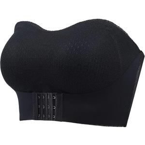 Womens Front Closure Strapless Non-Slip Padded Bandeau Bra Tube Top Invisible Wireless Bralette (Black, M)