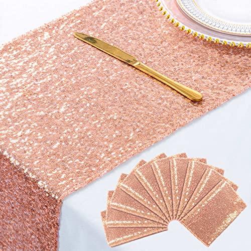 ShinyBeauty Rose Gold-Table Runners-10 Packs-12"x108" Sequin Table Runner Birthday Party Catering Event Glitter Table Runners 108 Inches Long Rose Gold Wedding Runners for Table