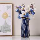 7.5" Blue Ceramic Vase - Minimalist Blue and Gold Flower Vase, Blue Decor Small Pampas Grass Vase, Boho Decorative Centerpiece Vase for Home Decor, Table, Shelf, Mantel, and Entryway