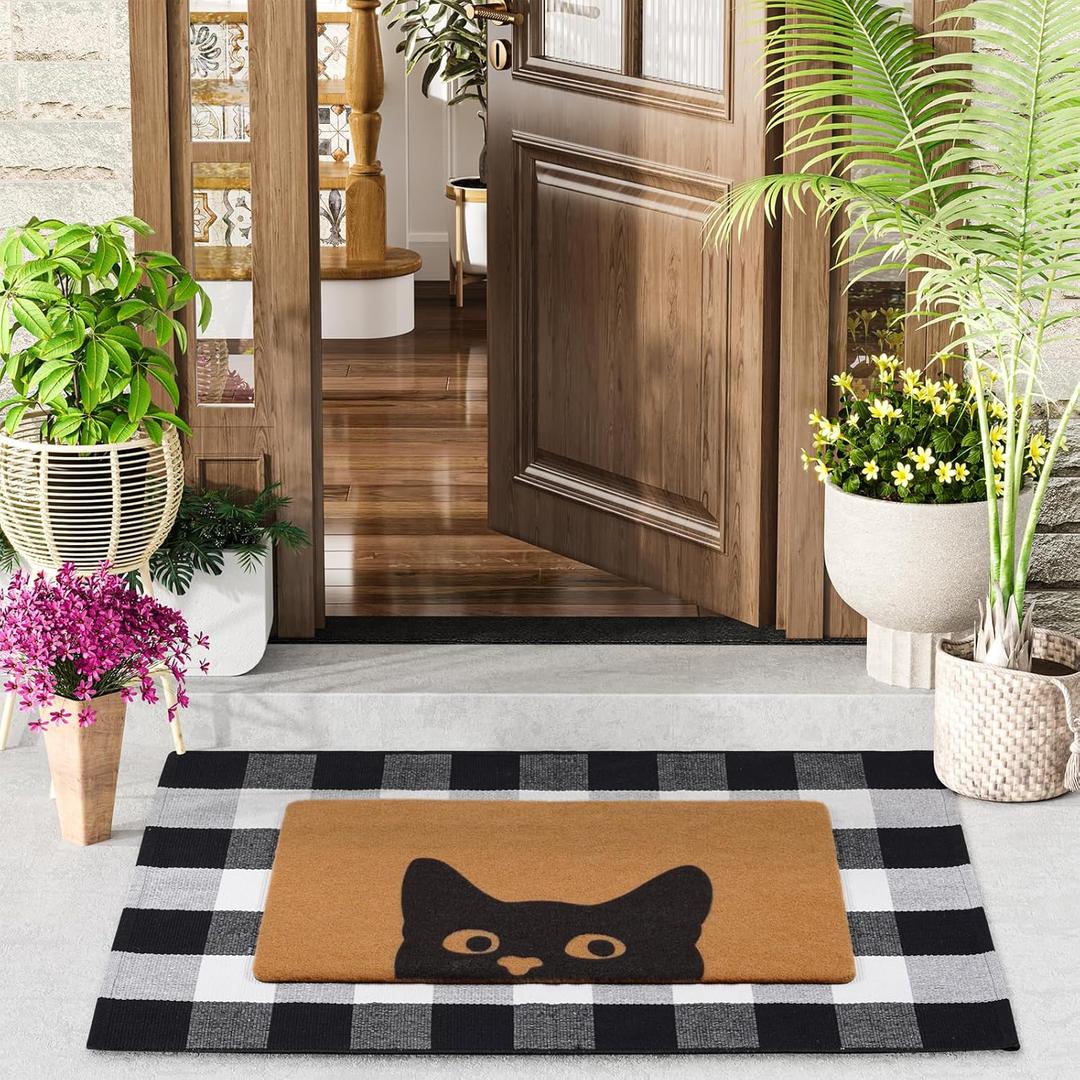 Welcome Door Mat Combo Set, 28" x 43" Black and White Plaid Mat +17" x 30" Cat Welcome Mat, 2 PCS Doormat Set for Front Door, Entrance, Porch Decor, Non-Slip