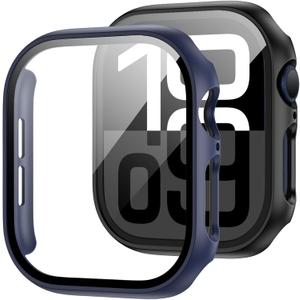JZK 2 Pack Case with Tempered Glass Screen Protector for Apple Watch Series 11(2025) Series 10 42mm,Slim Guard Full Coverage Hard PC Ultra-Thin Cover for iWatch 11/10 42mm Accessories,Black+Blue