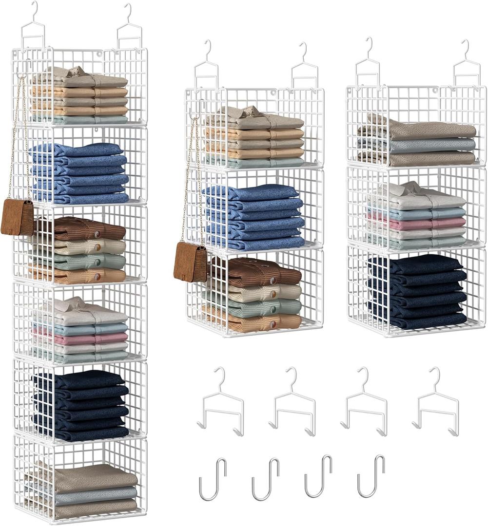 6 Tier Closet Hanging Organizer, Metal Closet Organizers and Storage with 4 Hanging Hooks 4 S-Hooks for Wardrobe Laundry Room, Wire Storage Shelf for Clothes Sweaters Pants (White)