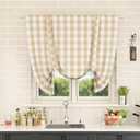 Tie Up Curtain for Windows 54 inches Long Buffalo Check Adjustable Tie Up Shades Plaid Gingham Rod Pocket for Kitchen Windows 1 Panel, Beige/White