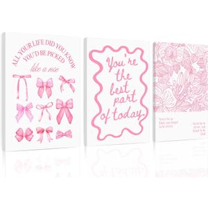 3Pcs Pink Inspirational Bow Wall Art Preppy Motivational Quotes Canvas, 16x24in