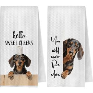 Funny Dachshund Bathroom Hand Towels, Weiner Dog Gifts for Women Men, Hello Sweet Cheeks Doxie Sausage Dog Decorative Hand Towel for Bathroom Washroom Toilet, 16x24 Inch Set of 2