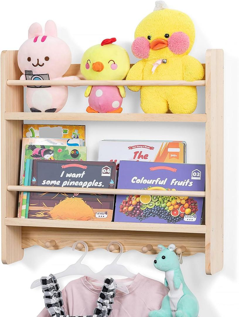 Large Nursery Bookshelf for Wall: 23.6inch 2-Tier Floating Book Shelves for Kids Toddlers Bedroom Solid Pine Wood Storage Organizer with Ledge Hooks Bar (Natural)