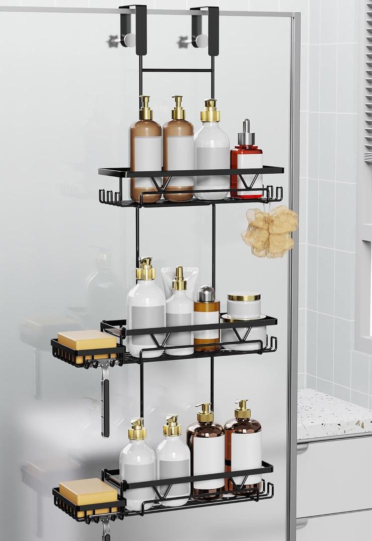 KEGII Shower Organizer Hanging Over the Door, 3 Tier Large Capacity Shower Caddy with 2 Soap Holders & Razor Holders, 18 Hooks & 4-in-1 Dual Hooks, Adjustable Rustproof Bathroom Rack, Black