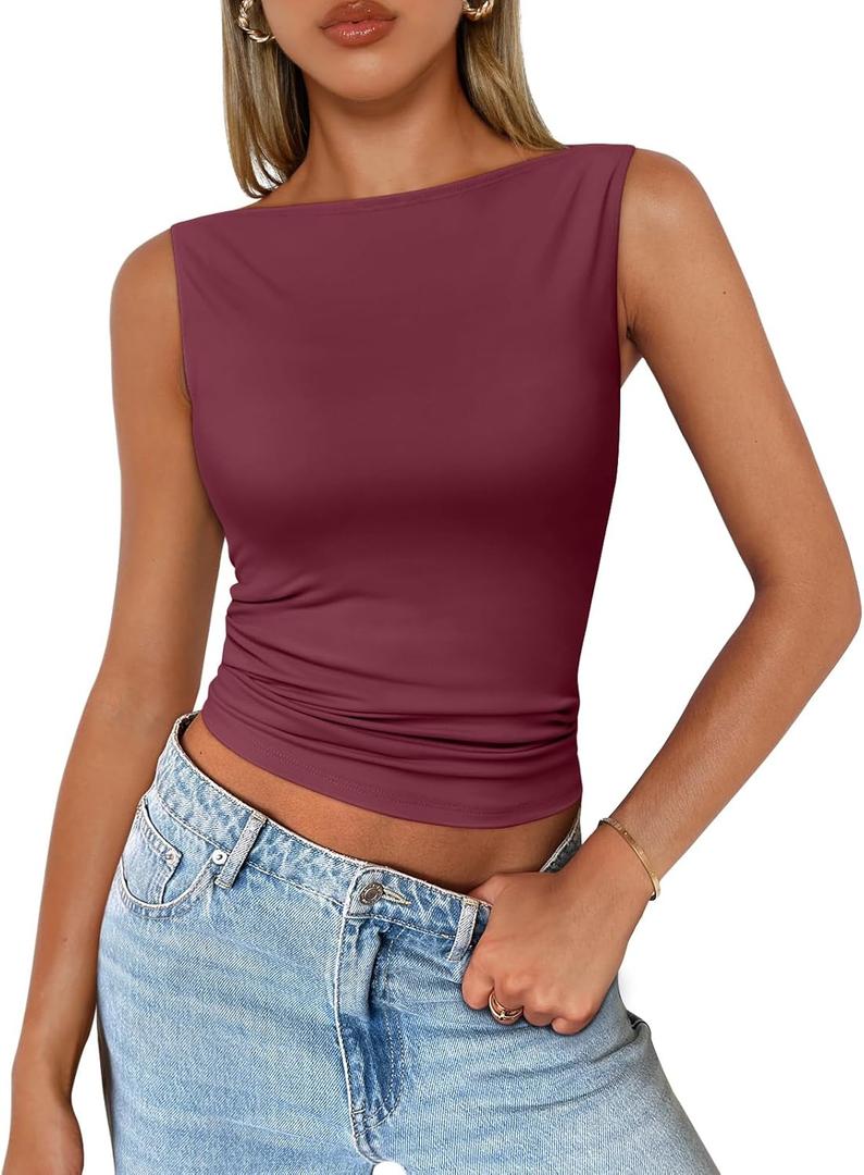 Trendy Queen Women Going Out Summer Tank Tops Spring Casual Basic Cute 2025 Sleeveless Shirt Vacation Fashion Outfit Clothes (X-Large, Wine Red)