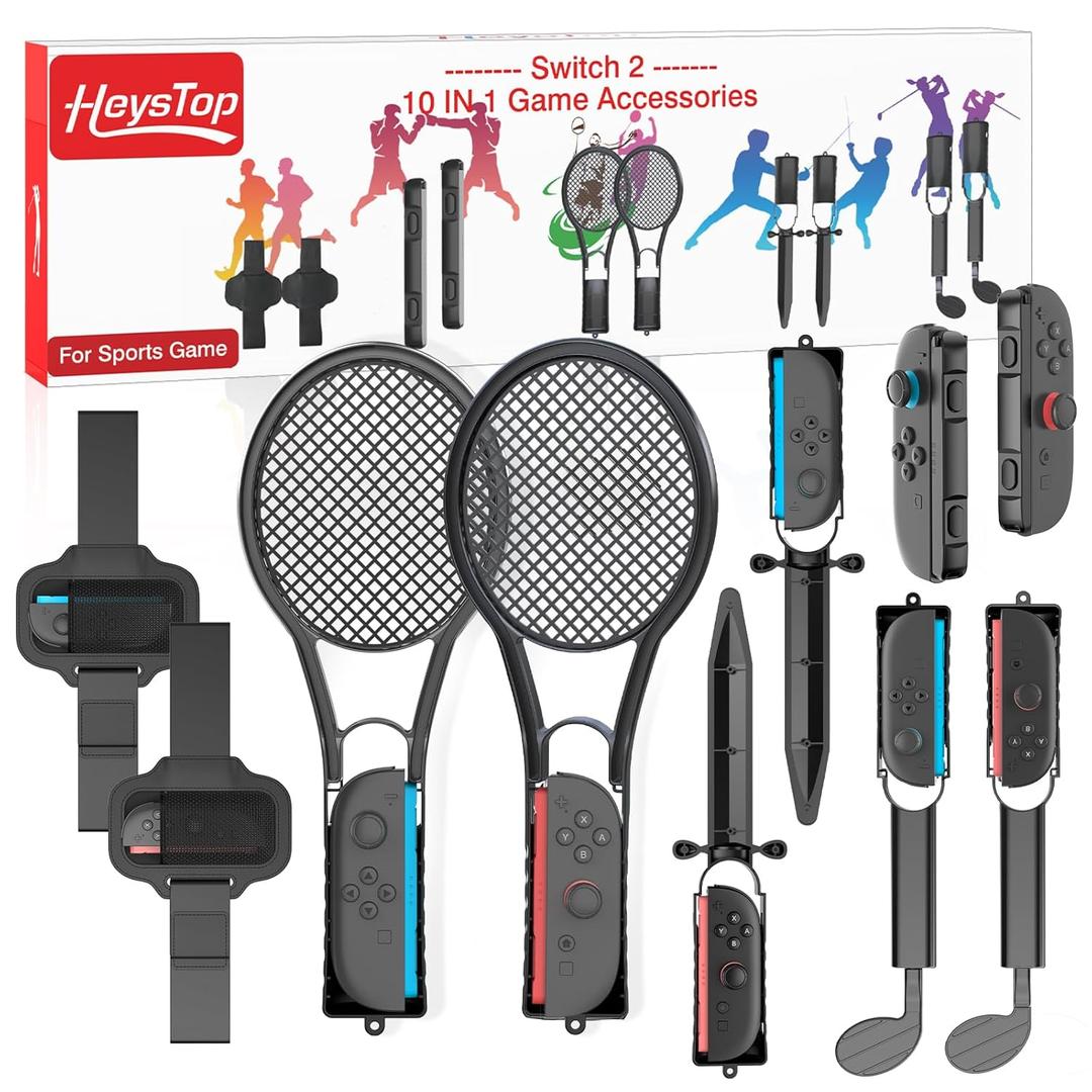 HEYSTOP Sports Accessories for Nintendo Switch 2 ,10 in 1 Family Sports Accessories Kit for Nintendo Switch 2 Games, with Leg Strap,Golf Clubs,Tennis Rackets,Sword Grips,Joy-con wrist straps