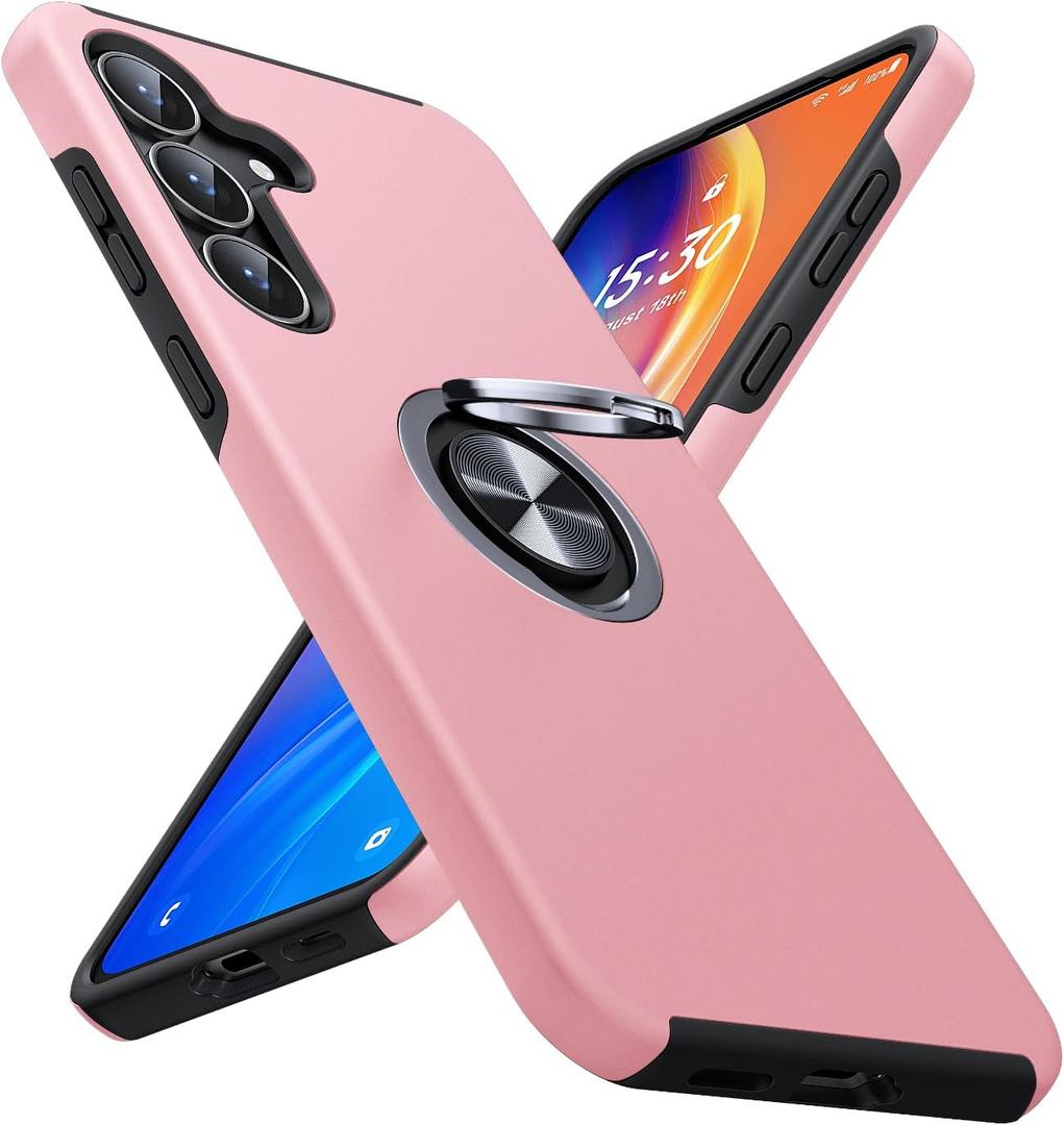 JAME for Samsung Galaxy S25 FE Case, Dual Layer Military Grade Shockproof Cover with Metal Ring Holder Stand Kickstand, Slim Fit Protective Phone Case for Galaxy S25 FE Case 6.7", Pink