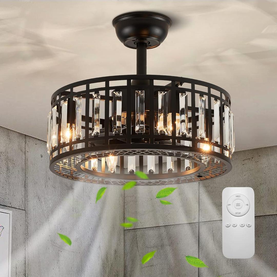 18" Black Crystal Caged Ceiling Fan with Light and Remote, Industrial Caged Chandelier Fan 8-Blade Fandelier Modern Enclosed Ceiling Fan for Kitchen Dining Room Living Room