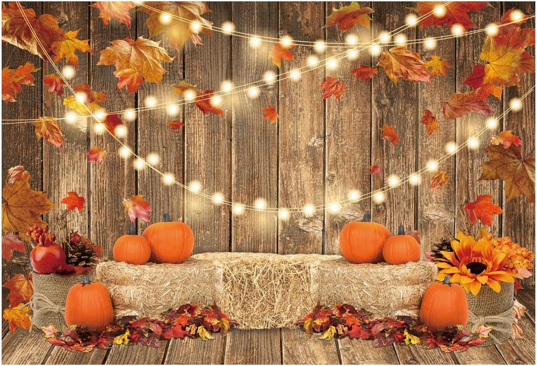 Funnytree 7x5FT Fall Pumpkin Photography Backdrop Autumn Thanksgiving Harvest Hay Leaves Wooden Background Sunflower Maple Baby Shower Banner Decoration Party Supplies Photo Booth Prop