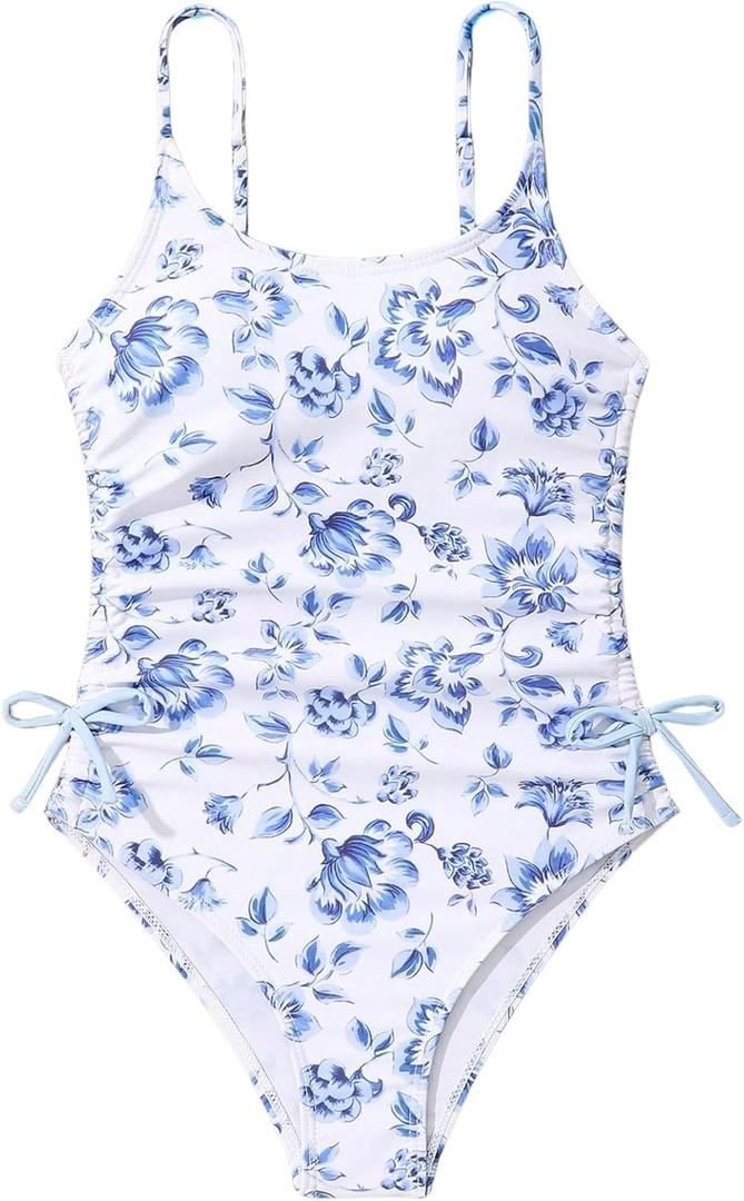 Milumia Girl's Floral One Piece Swimwear Bow Tie Side Spaghetti Strap Swimsuits (12 Years, Blue and White)
