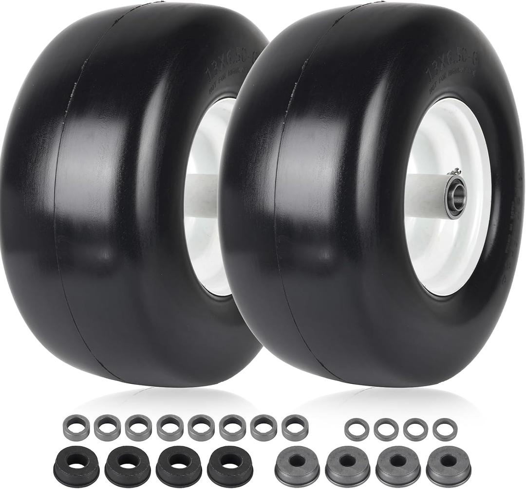 AR-PRO (2-Pack) 13x6.50-6 Flat Free Tire and Wheel - Universal 13x6.5-6 Solid Rubber Riding Lawn Mower Tire with Rim - With 5.5"-7.8 Centered Hub and 3/4" Bearings, extra 5/8" 1/2 Bushings
