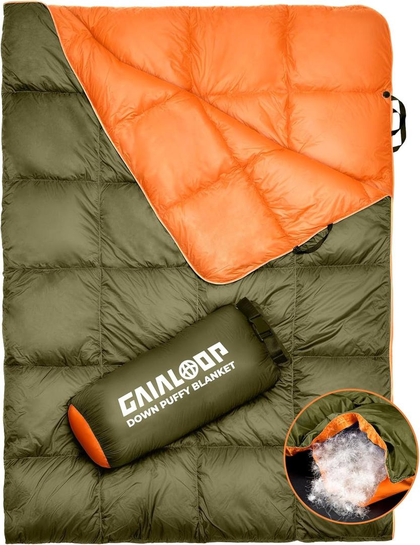 Down Puffy Blanket for Car Camping Outdoor Travel Backpacking, Duck Down Lightweight Portable Soft Warm Cozy Camping Blanket Quilt, 53"x78", Olive Green