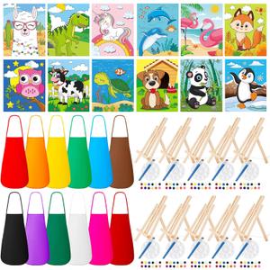 Ireer 84 Pcs Paint Party Set Include 12 Animal Pre Drawn Canvas, Brushes, Palettes, 12 Set Acrylic Paints, Apron Canvas, Painting Kit for Birthday Party Gift Creative Supplies(8 x 10 Inches)
