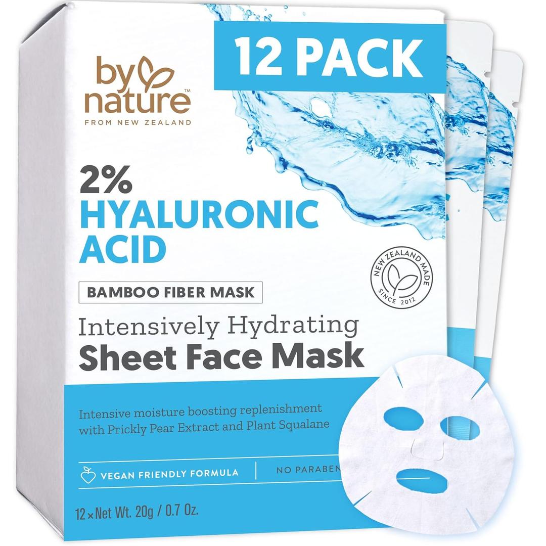 By Nature 2% Hyaluronic Acid Sheet Face Mask for Dry, Dehydrated & Sensitive Skin Hydration Boost with Prickly Pear & Squalane Made in New Zealand Pack of 12