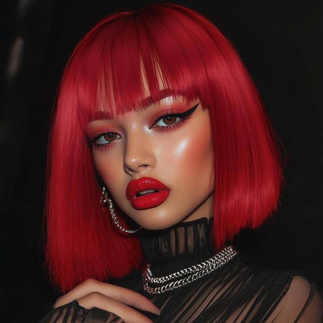 quickwig Short Bob Wig with Bangs Red Wig Colored Wigs Heat Resistant Synthetic Mermaid Wig Party Cosplay Halloween Neon Wigs for Women (12 Inch)