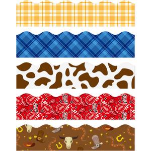 BeYumi 80Pcs Western Themed Bulletin Board Borders Western Cowboy Bandana Plaid Scalloped Border Trim Decoration Wild West Themed Back to School Classroom Chalkboard Party Elementary Preschool Decor