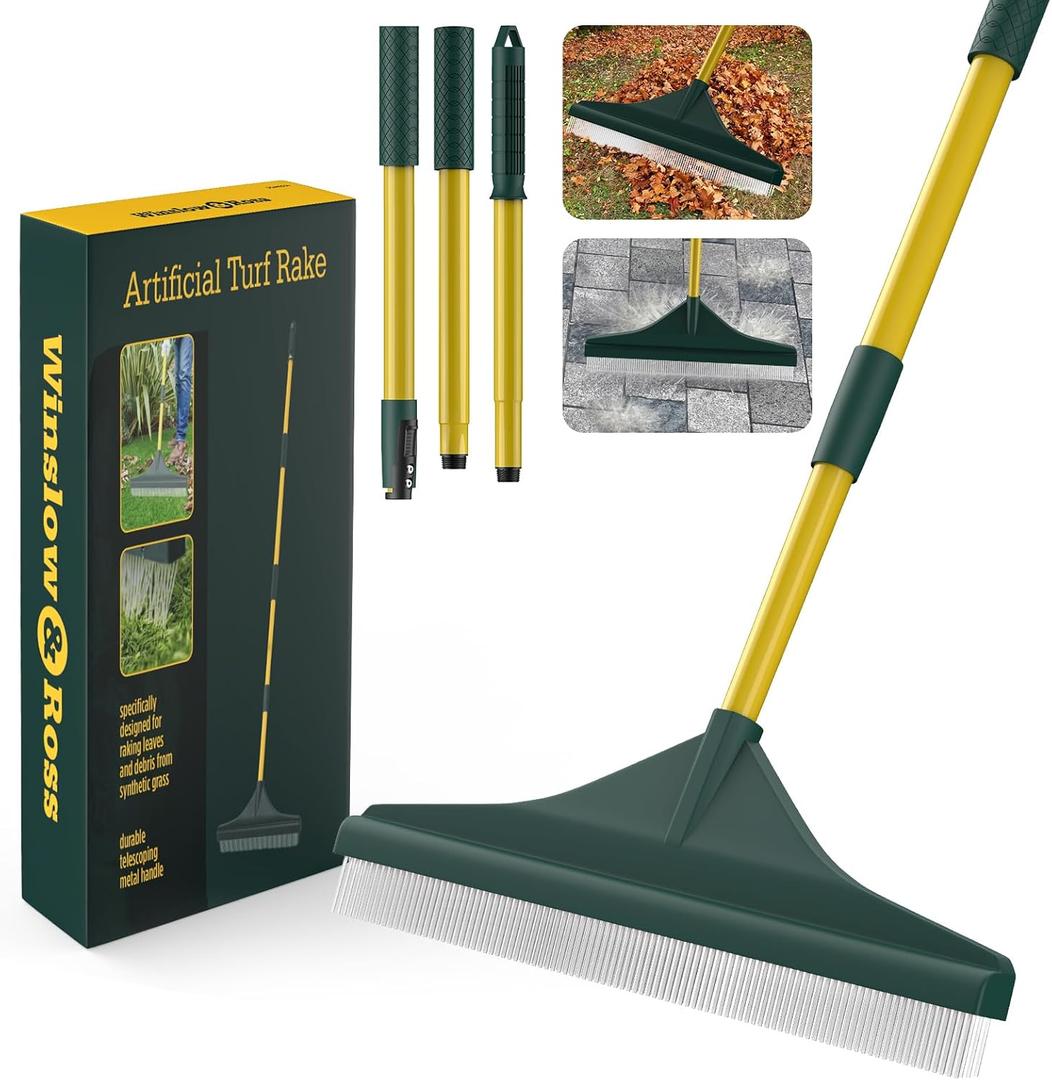 Artificial Turf Rake with Steel Telescopic Handle, 32 to 55 Inch 3 Piece-Pole Easy Storage Design, Garden Hand Boom Rake for Artificial Grass, Carpet Pet Hair, Lawn Leaves and Debris Remove, Yellow