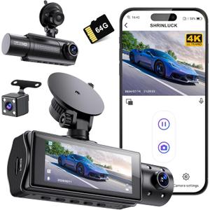 Miden X5 4K WiFi Dash Cam Front and Rear Inside, 2160P+1080P+1080P FHD 3 Channel Dash Camera for Cars, 360 All Sides Dashcam, Free 64G SD Card, G-Sensor, WDR, Night Vision, 24H Parking Monitor (T02)