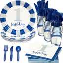 Juvale 144-Piece First Birthday Decorations for Boy - Blue & White Nautical Theme - With 1st Birthday Plates, Napkins, 9oz Cups & Cutlery - Disposable Party Supplies - Serves 24