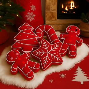 Beeveer 5 Pcs Red Christmas Throw Pillows Gingerbread Christmas Tree Snowflake Peppermint Shaped Pillows Stuffed Decoration for Home Xmas Winter Holiday Bed Sofa Couch Party