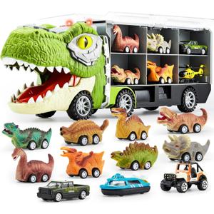 JOYIN 13 in 1 Dinosaur Toys for Kids 3-5, Dinosaur Truck with 12 Pull Back Cars, Birthday Gifts Toys for 3 4 5+ Year Old Boy, Transport Carrier Truck for Toddlers, Christmas Great Gifts for Grandkids