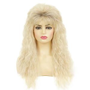 Amnenl Blonde Long Curly Wig for Women 70s 80s Rocker Punk Wigs with Bangs Cosplay Halloween Costume Party Wigs