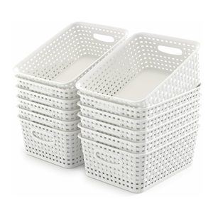 12 Pack Plastic Storage Baskets for Organizing, Storage Baskets for Shelves with Handles, Small Storage Bins with Labels, Organizer Baskets for Cabinet,Closet, Office