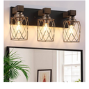 Farmhouse Bathroom Vanity Light, 3-Light Wood Bathroom Light Fixtures Over Mirror, Black and Gold Industrial Vanity Lights with Metal Shade, Rustic Bathrooms Lighting for Living Room Bedroom Hallway