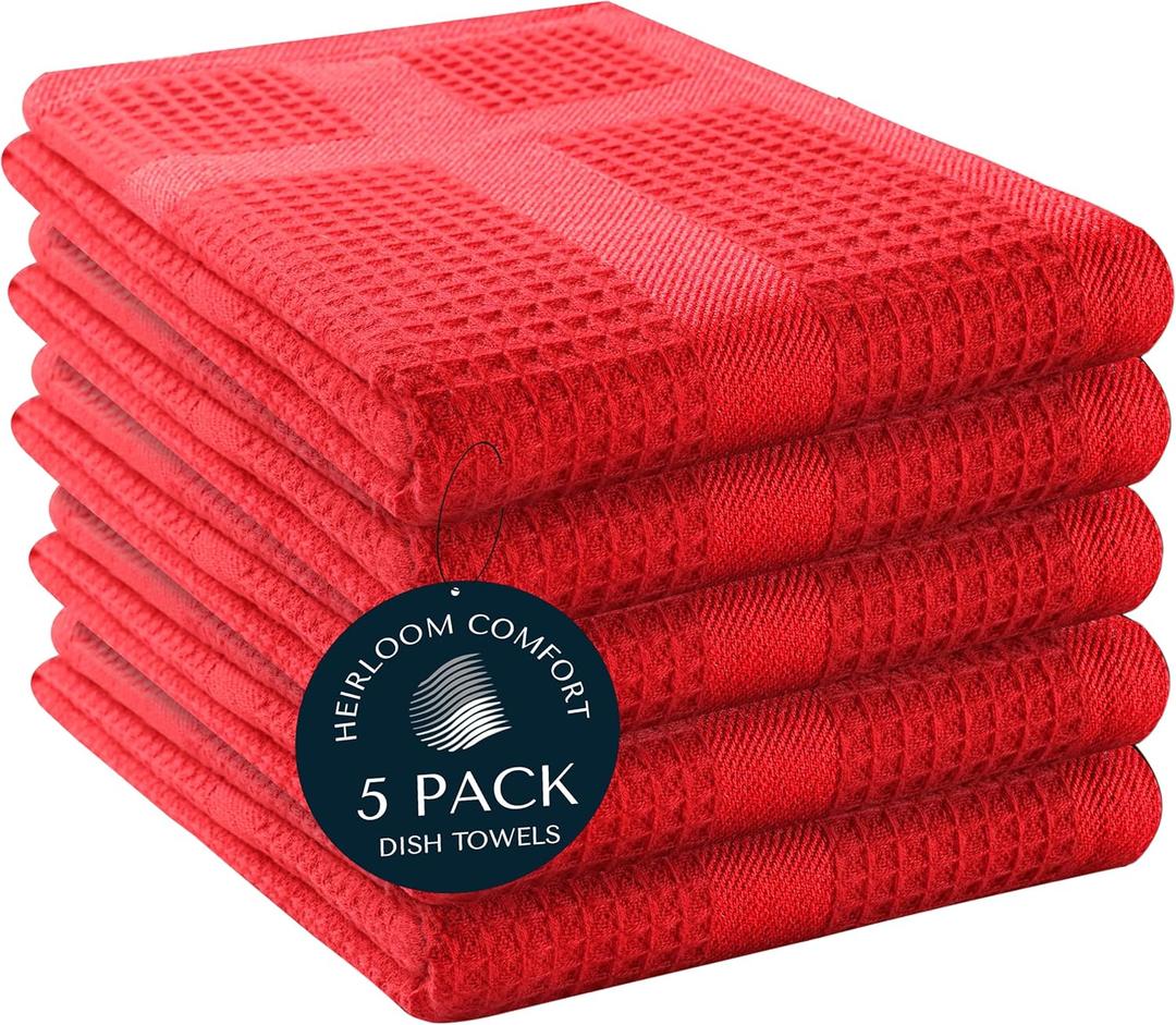 100% Cotton Kitchen Towels, 16"x26", 5 Pack, Waffle Weave, Absorbent, Fast Drying Dishcloth Set for Cleaning, Hand Towels, Dish Rags, Wash Cloth, Durable, Machine Washable, Red