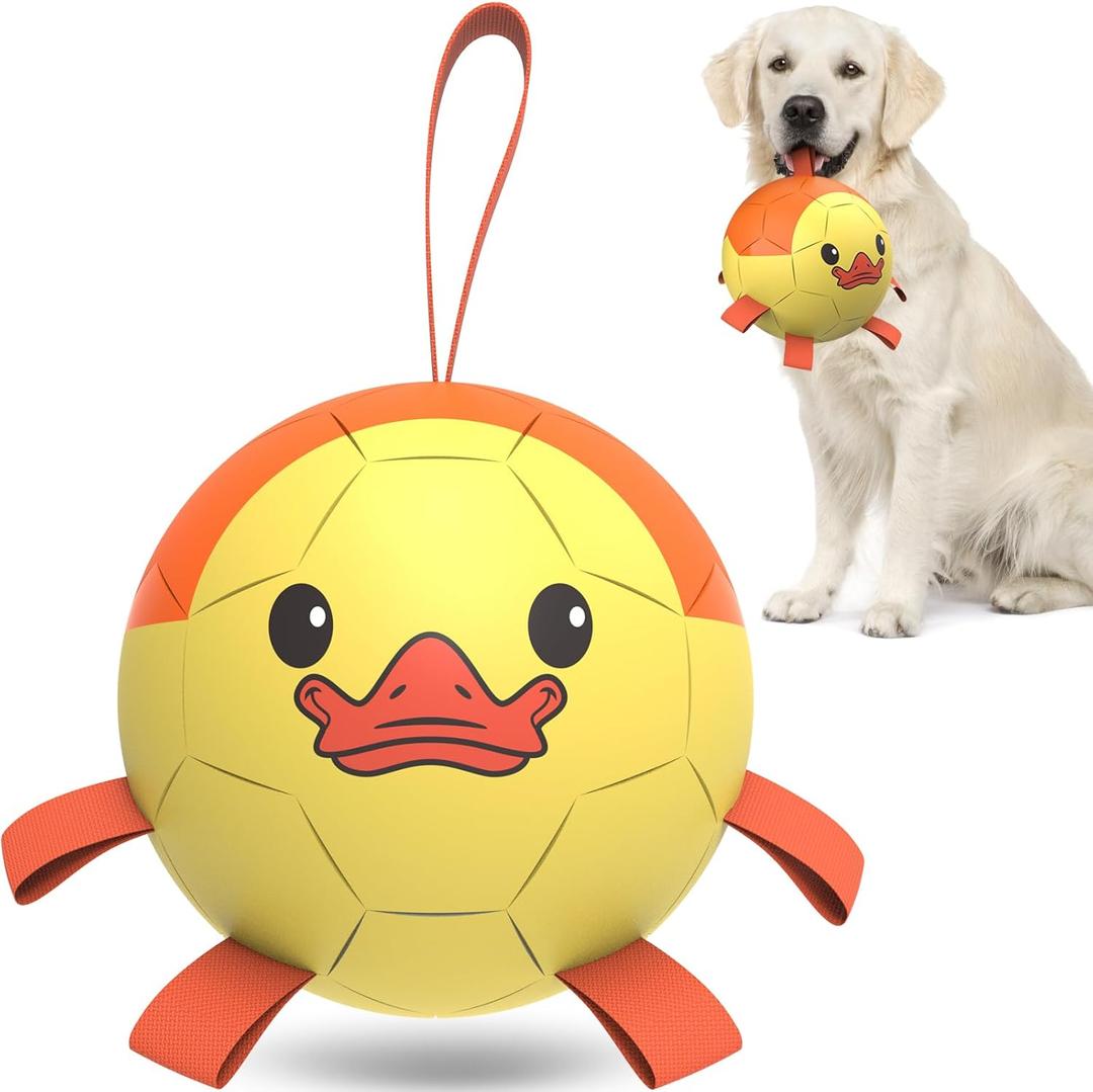 QDAN Soccer Ball with Straps, Interactive Dog Toys for Tug of War, Puppy Birthday Gifts, Medium & Large Dog - Duck (8 Inch) (Large Size 3, Yellow-Duck)