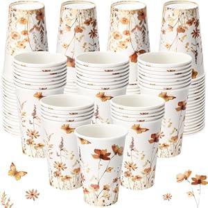 Tioncy 50 Pcs Thanksgiving Disposable Paper Coffee Cups Fall Floral 12 oz Autumn Butterfly Orange Drinks Cup for Coffee Water Juice Espresso Hot Cold Drink Cocoa Beverages Tea Party Supply Decoration