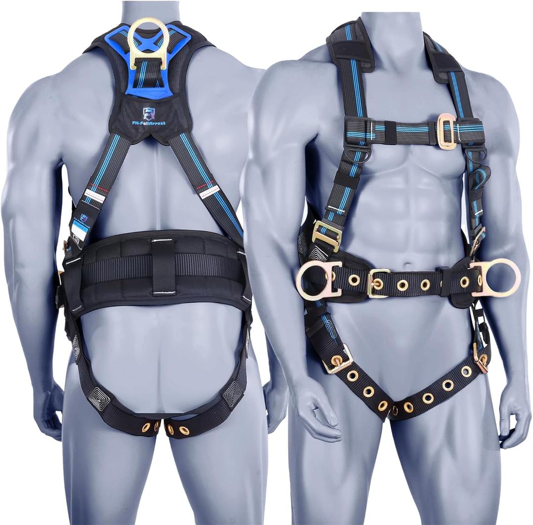 Fall Protection 5pt Full-Body Safety Harness, Vented & Padded Shoulder, Back & Legs, 8 Thick Back Support, Tongue Buckle, D-Rings, Grommet Leg Straps & Waist Belt (OSHA/ANSI Rated PPE), Medium-Large