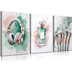 3 Pcs Framed Tween Teen Girls Bedroom Wall Art Picture Sage Green Rose Gold and Silver Prints Music Lover Teenager Girl Poster Perfume Makeup Brushes and Headset Wall Decor for Mature Girl 16L x 12W