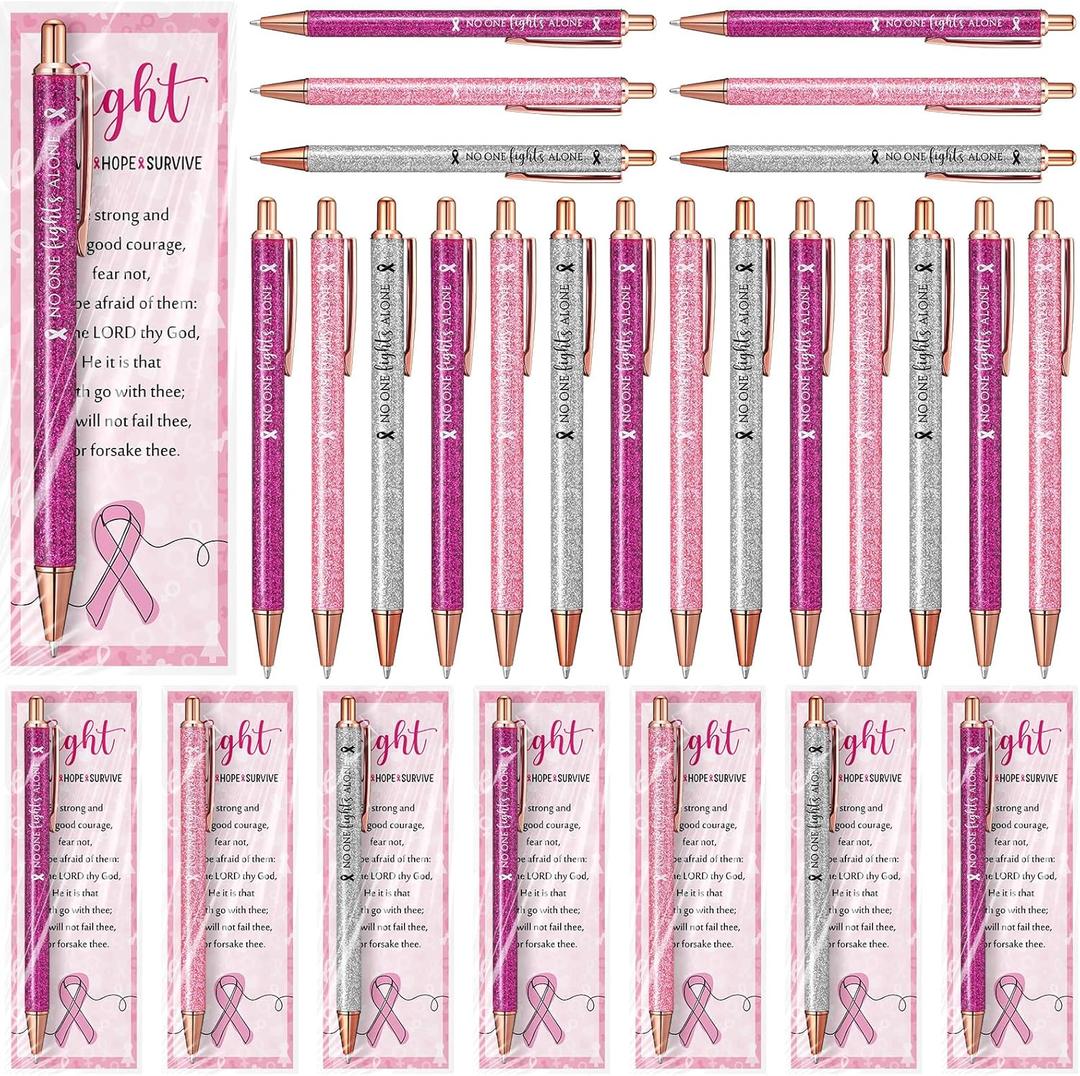 18 Set Breast Cancer Awareness Gifts Glitter Pens Bulk Pink Ribbon Breast Cancer Accessories with No One Fights Alone Cheer Up Cards for Women Survivor Patients Public Charity Events