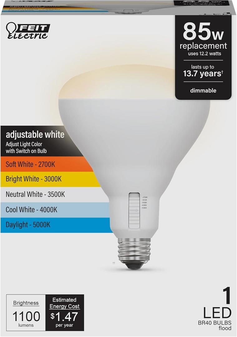 Feit Electric BR40 LED Light Bulb, 85W Equivalent, Dimmable, 5CCT, E26 Medium Base, 90 CRI, 1100 Lumens, Adjustable White, 13.7 Years Lifetime, BR4085DM5CCTCA15K